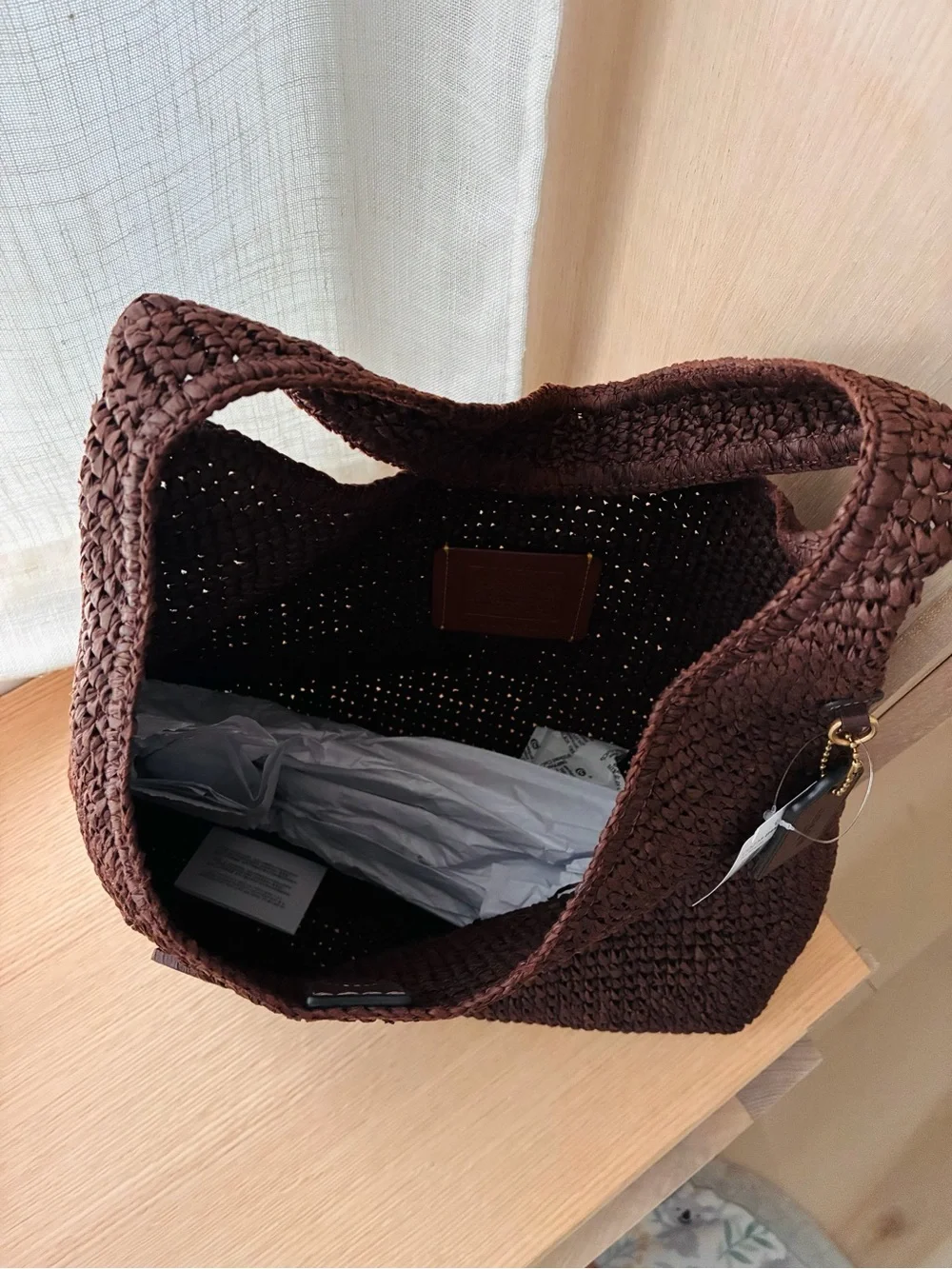 NWT🍁Coach Brooklyn Shoulder Bag 34 Maple Dark Brown CDZ38 Straw Tote Woven Fall